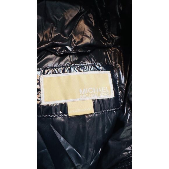 Michaels Kors Womens Shiny Black Hooded Puffer Coat Size M Water Resistant - Picture 15 of 15
